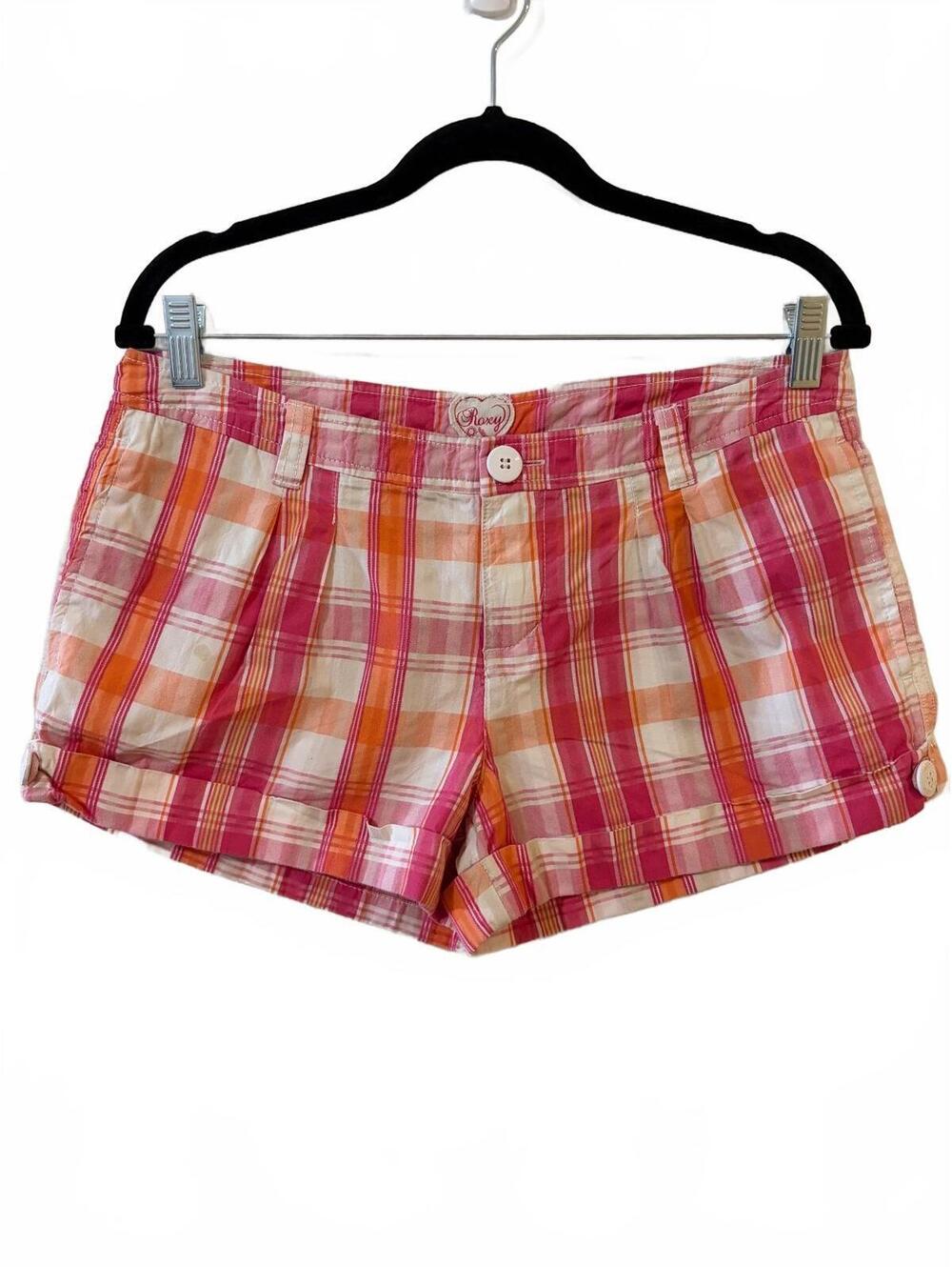 Vintage Roxy Plaid Cuffed Chino Shorts Pink Orange White Size 11 Button Fly